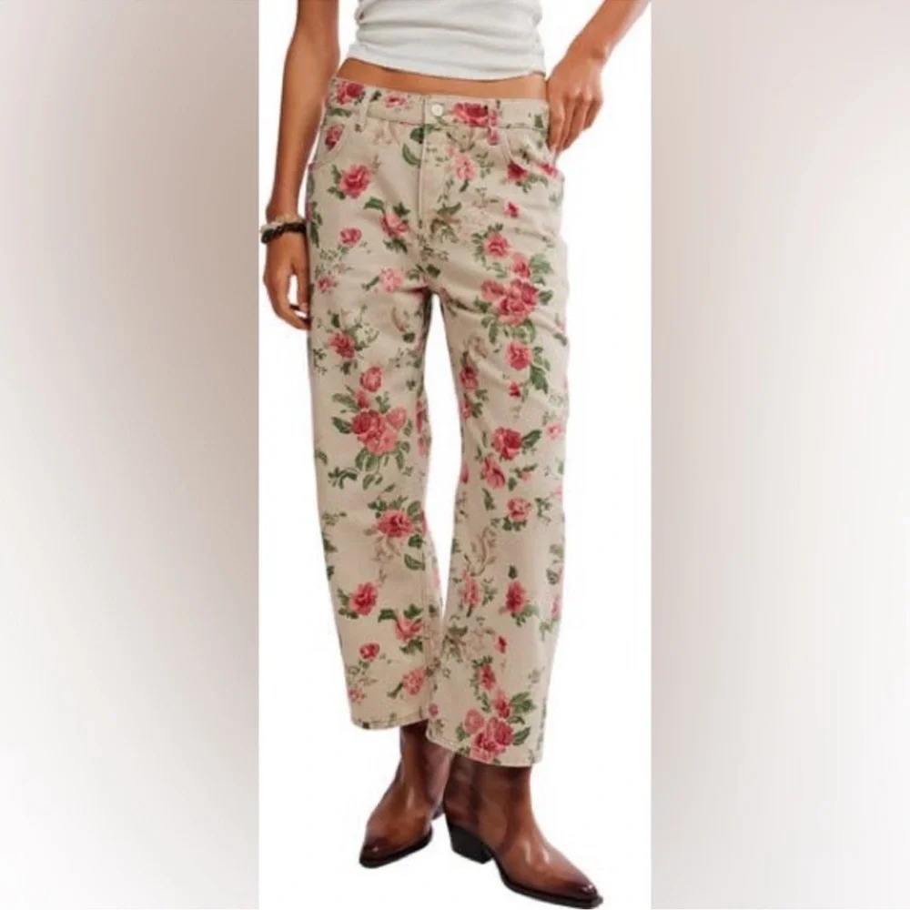 Rare We the Free People Deep Trance Floral Wallpaper Barrel Wide Leg Jeans - Picture 2 of 6